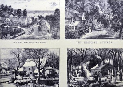 Het Westerse Boerenhuis; Het Rieten Huisje; Bevroren; Maple Sugaring, Vroege Lente in het Noordelijke Bos door N. and Ives, J.M. Currier
